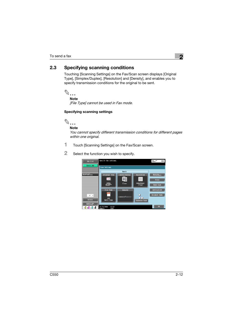 3 specifying scanning conditions, Specifying scanning settings, Specifying scanning conditions -12 | Specifying scanning settings -12 | Konica Minolta bizhub C550 User Manual | Page 68 / 491