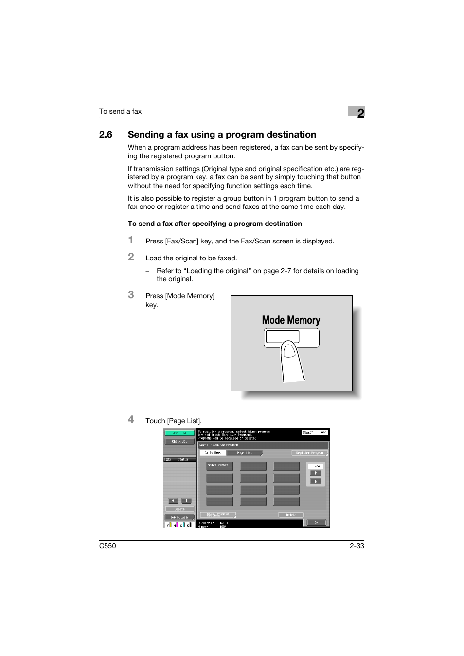 6 sending a fax using a program destination, Sending a fax using a program destination -33 | Konica Minolta bizhub C550 User Manual | Page 89 / 491