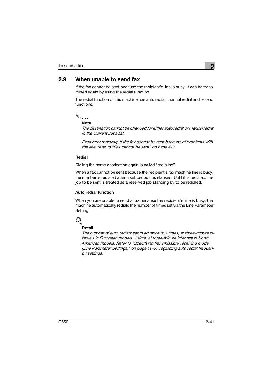 9 when unable to send fax, Redial, Auto redial function | When unable to send fax -41, Redial -41 auto redial function -41 | Konica Minolta bizhub C550 User Manual | Page 97 / 491