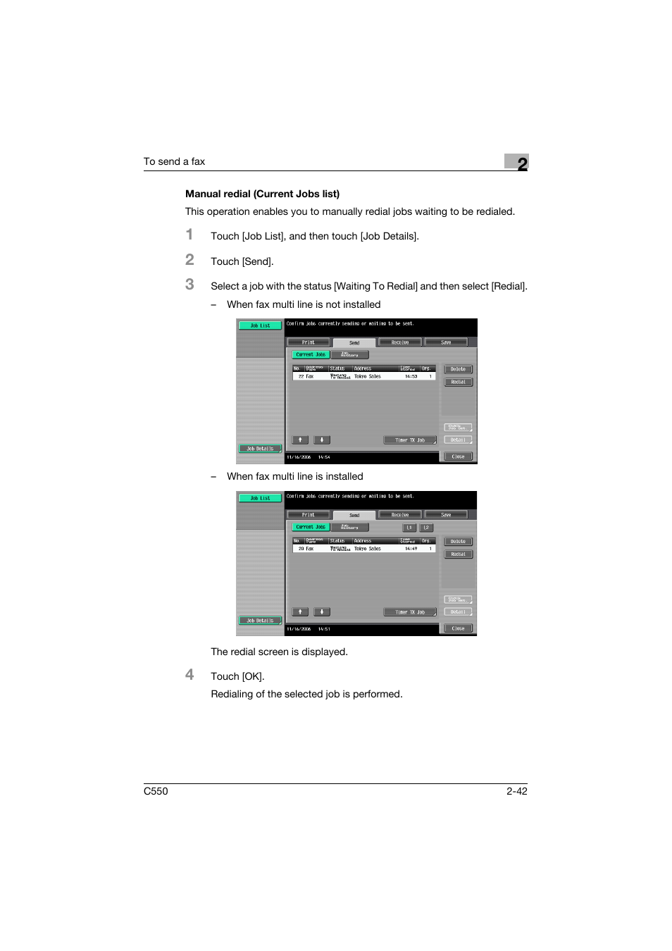 Manual redial (current jobs list), Manual redial (current jobs list) -42 | Konica Minolta bizhub C550 User Manual | Page 98 / 491