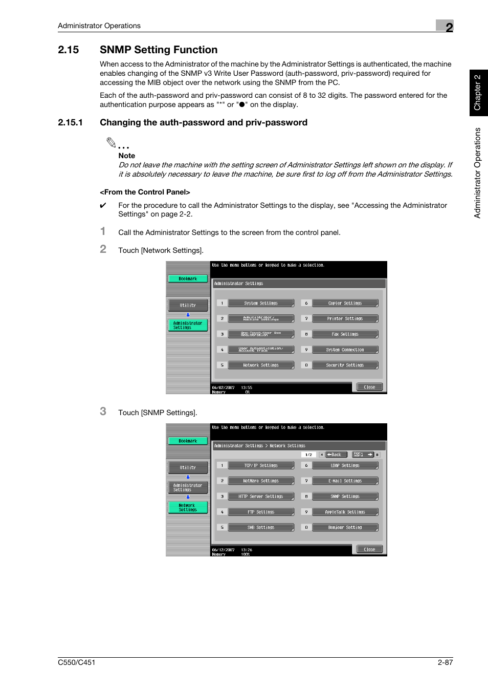 15 snmp setting function, 1 changing the auth-password and priv-password, From the control panel | Snmp setting function -87 | Konica Minolta bizhub C451 User Manual | Page 102 / 192