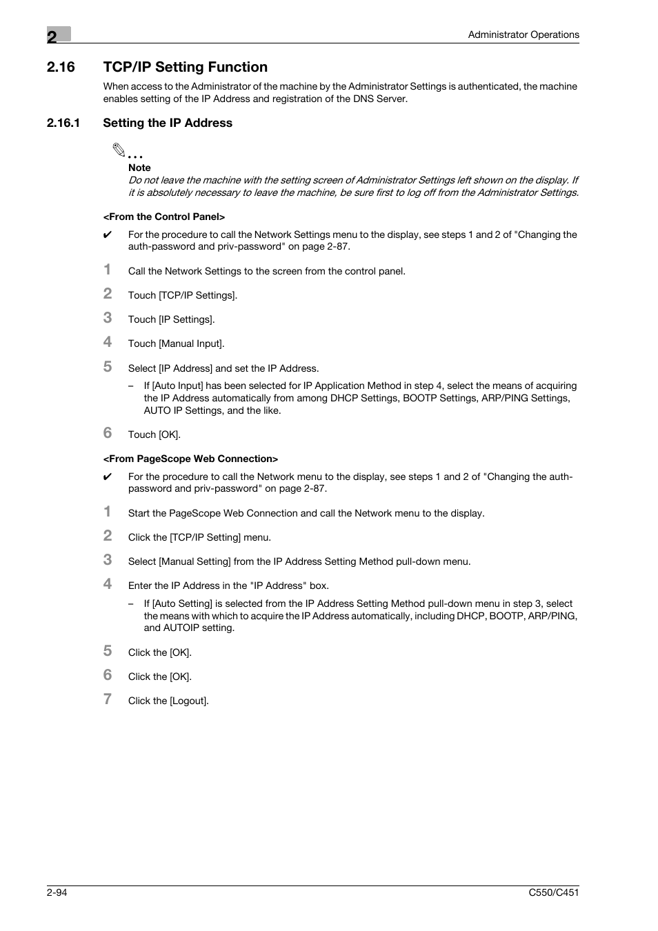 16 tcp/ip setting function, 1 setting the ip address, From the control panel | Tcp/ip setting function -94 | Konica Minolta bizhub C451 User Manual | Page 109 / 192