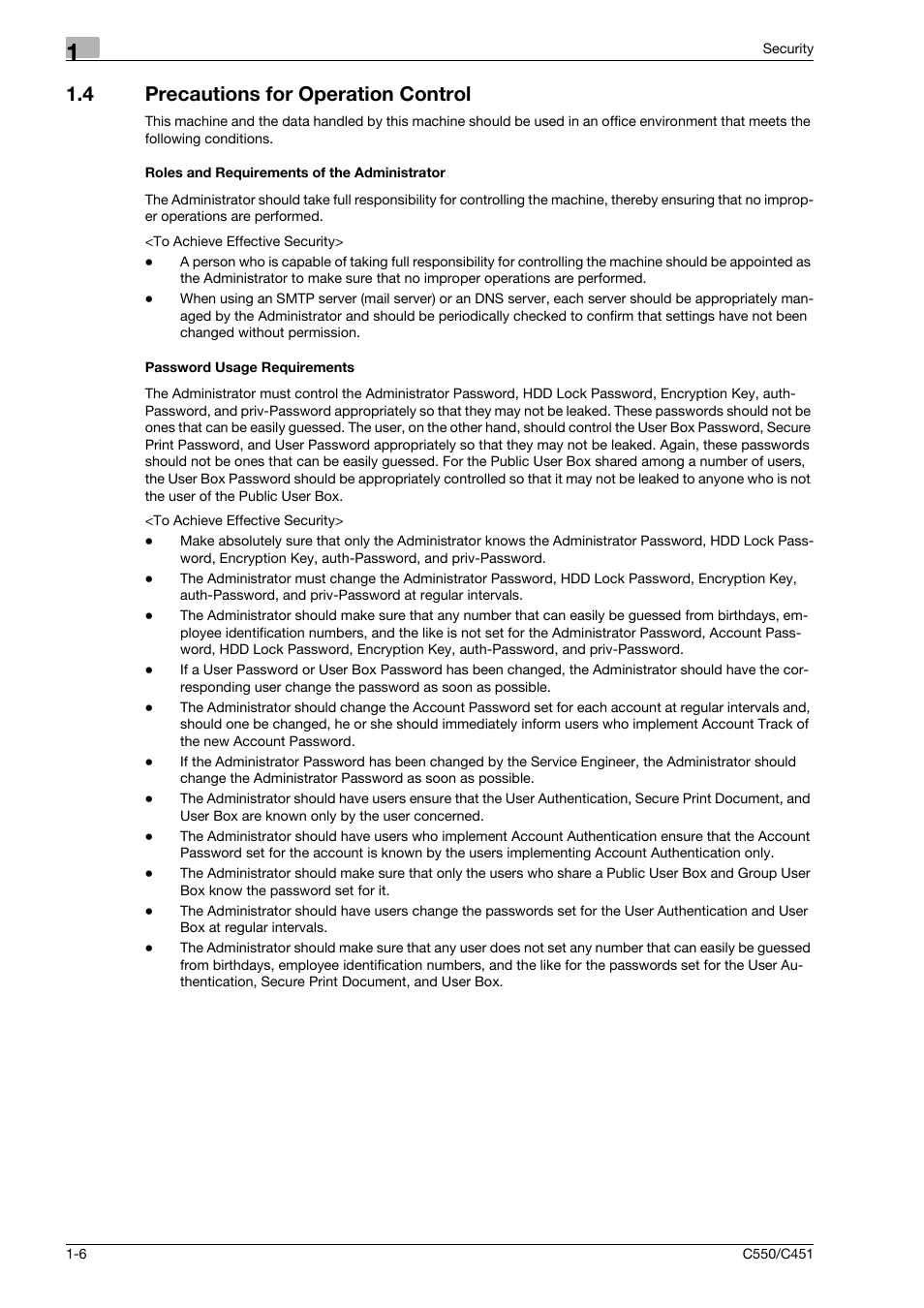 4 precautions for operation control, Roles and requirements of the administrator, Password usage requirements | Konica Minolta bizhub C451 User Manual | Page 11 / 192