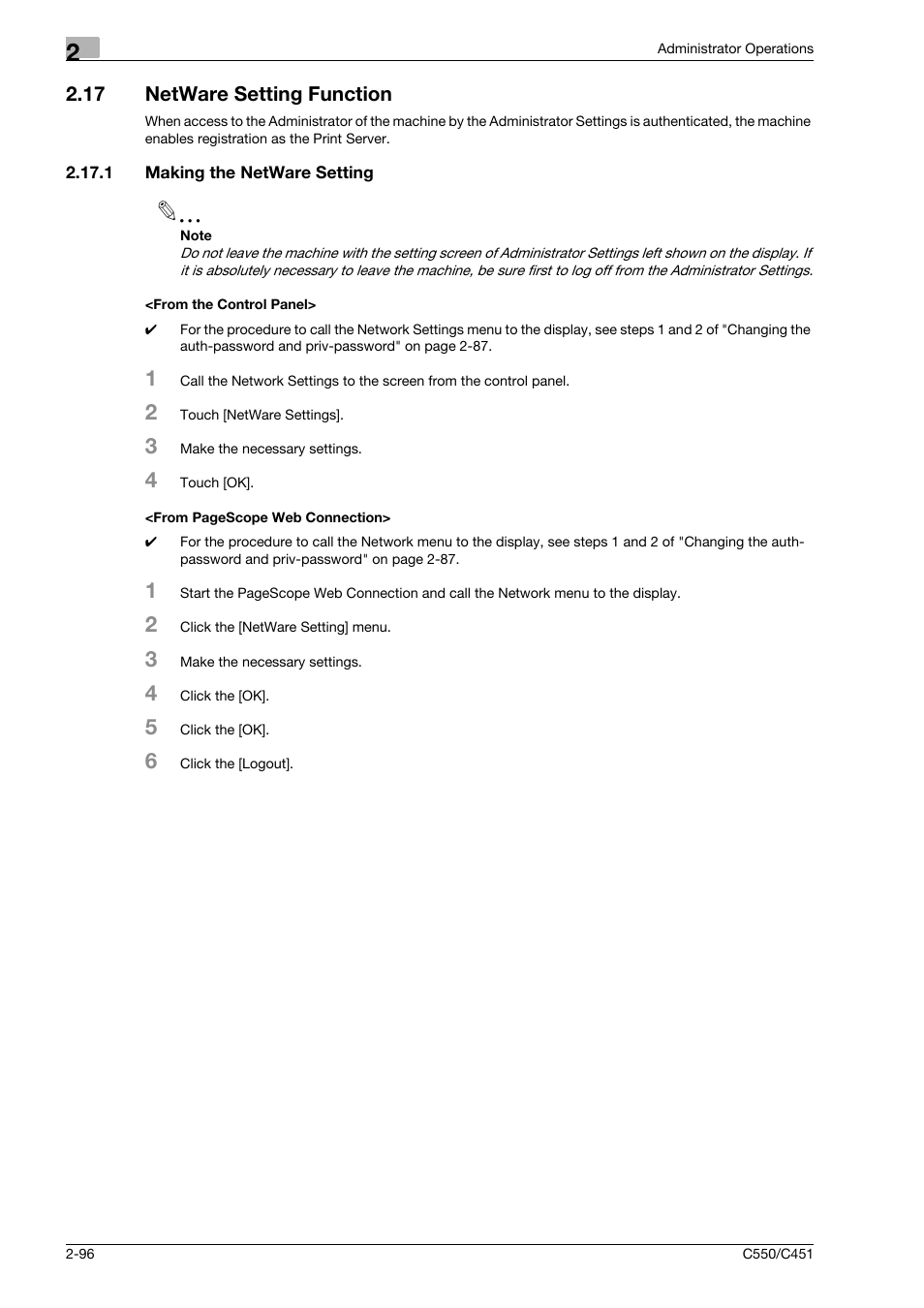 17 netware setting function, 1 making the netware setting, From the control panel | Netware setting function -96 | Konica Minolta bizhub C451 User Manual | Page 111 / 192