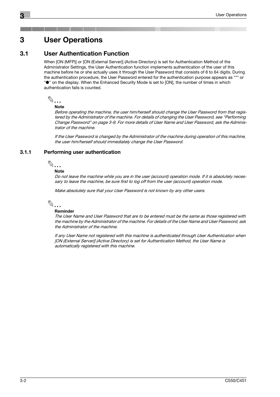 1 user authentication function, 1 performing user authentication, User operations | User authentication function -2, Performing user authentication -2, 3user operations | Konica Minolta bizhub C451 User Manual | Page 117 / 192