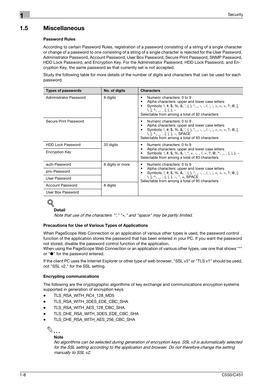 5 miscellaneous, Password rules, Encrypting communications | Konica Minolta bizhub C451 User Manual | Page 13 / 192