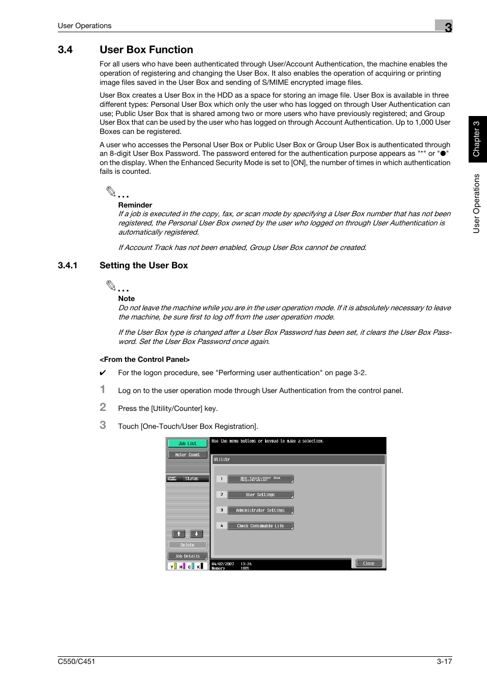 4 user box function, 1 setting the user box, From the control panel | User box function -17 | Konica Minolta bizhub C451 User Manual | Page 132 / 192