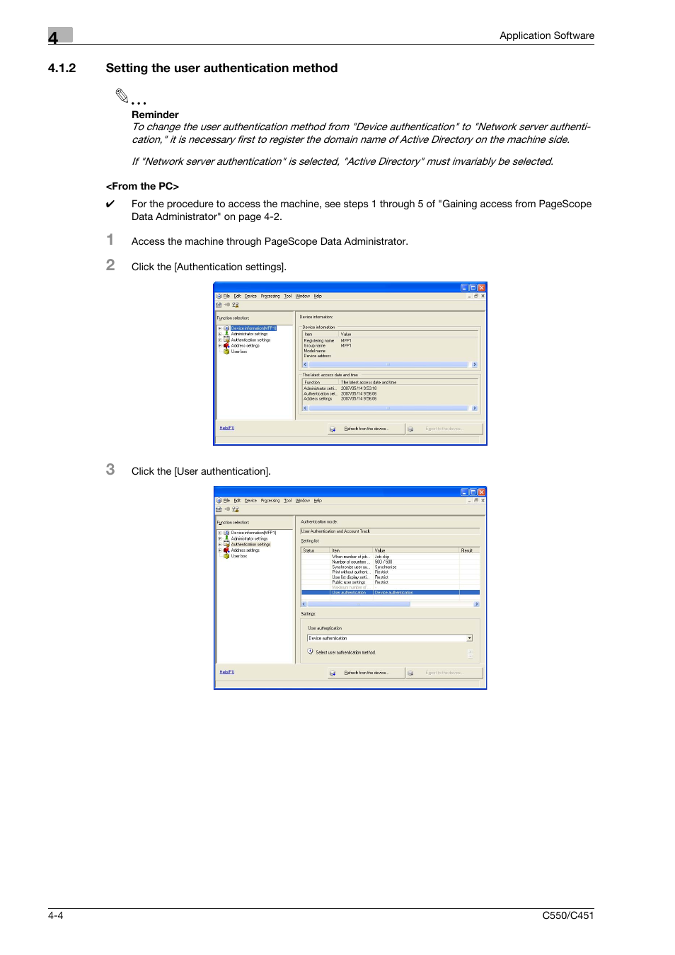 2 setting the user authentication method, From the pc | Konica Minolta bizhub C451 User Manual | Page 157 / 192