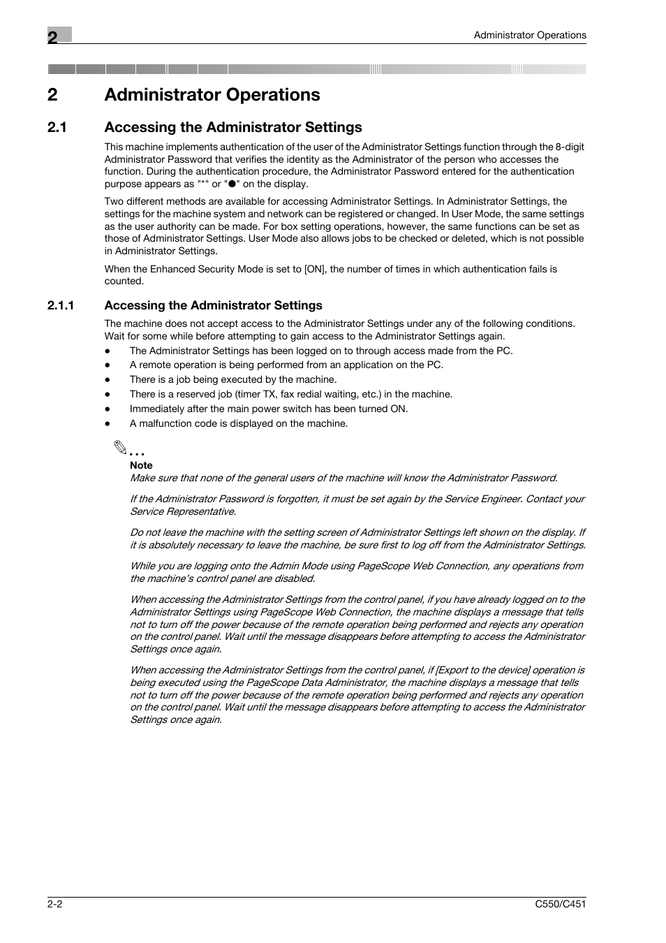 1 accessing the administrator settings, Administrator operations, Accessing the administrator settings -2 | 2administrator operations | Konica Minolta bizhub C451 User Manual | Page 17 / 192