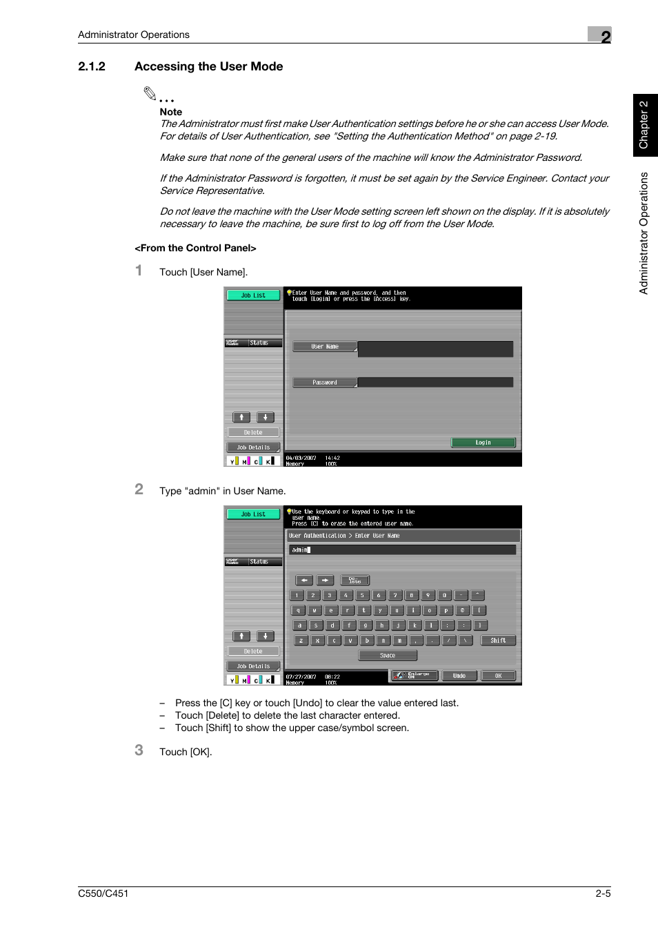 2 accessing the user mode, From the control panel | Konica Minolta bizhub C451 User Manual | Page 20 / 192