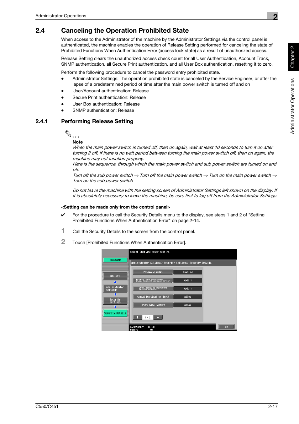 4 canceling the operation prohibited state, 1 performing release setting, Setting can be made only from the control panel | Canceling the operation prohibited state -17 | Konica Minolta bizhub C451 User Manual | Page 32 / 192