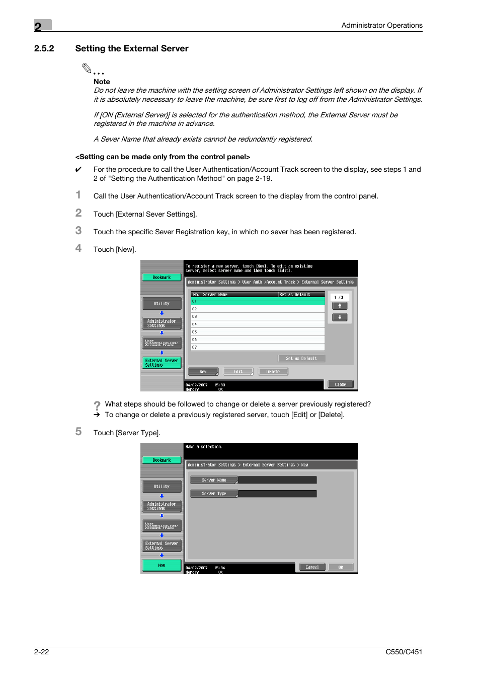 2 setting the external server, Setting can be made only from the control panel | Konica Minolta bizhub C451 User Manual | Page 37 / 192