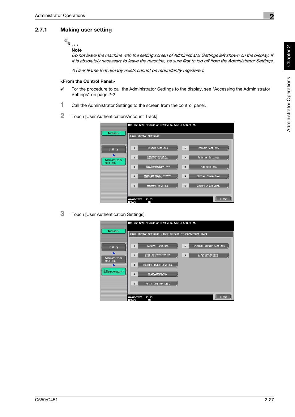 1 making user setting, From the control panel | Konica Minolta bizhub C451 User Manual | Page 42 / 192