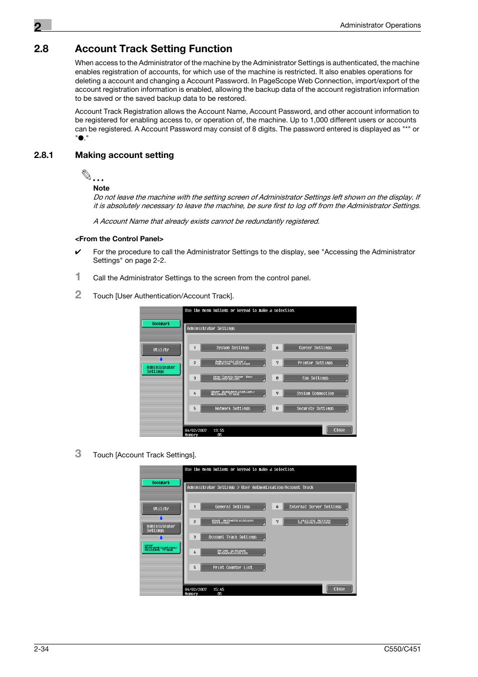 8 account track setting function, 1 making account setting, From the control panel | Account track setting function -34 | Konica Minolta bizhub C451 User Manual | Page 49 / 192