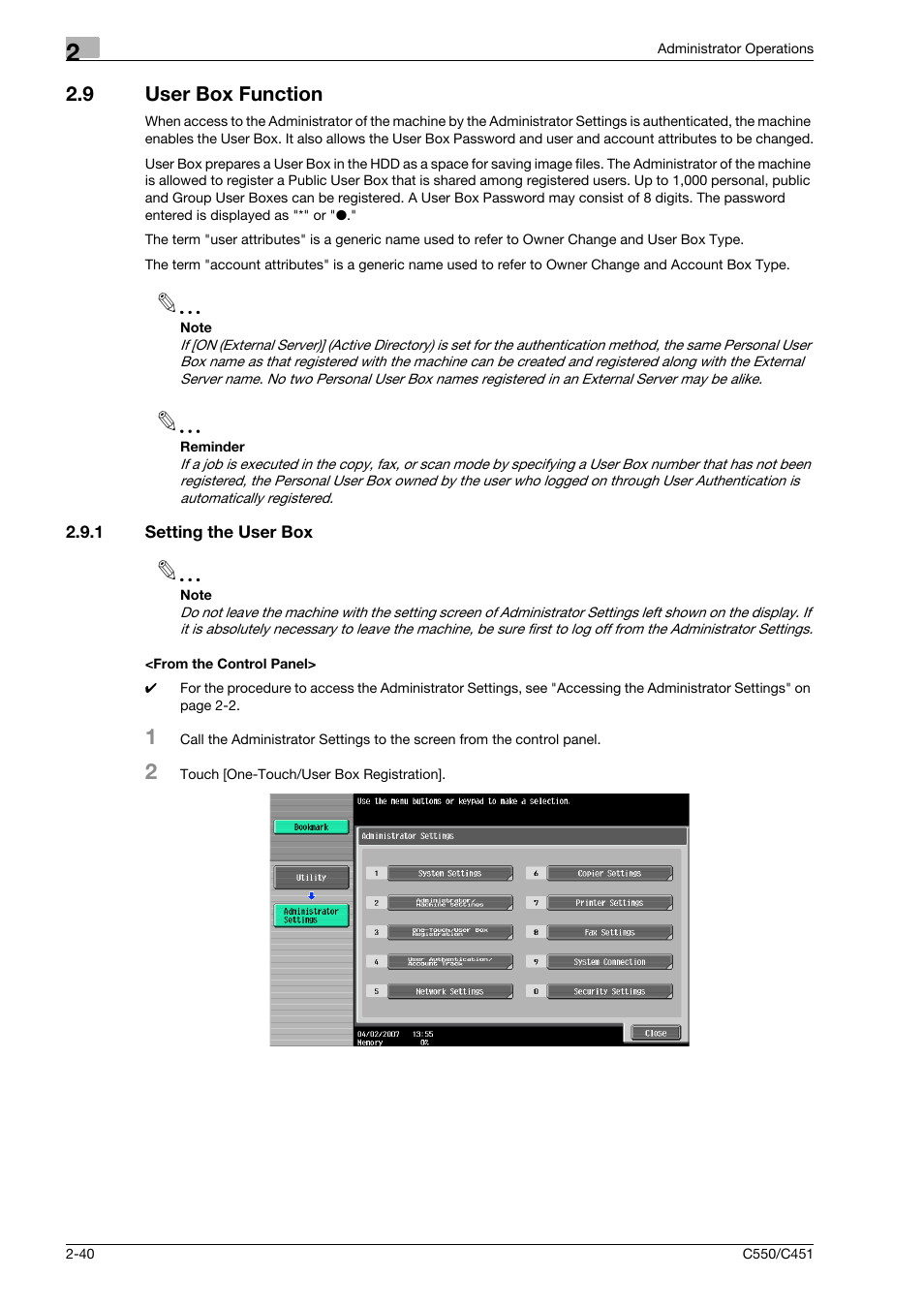 9 user box function, 1 setting the user box, From the control panel | User box function -40 | Konica Minolta bizhub C451 User Manual | Page 55 / 192