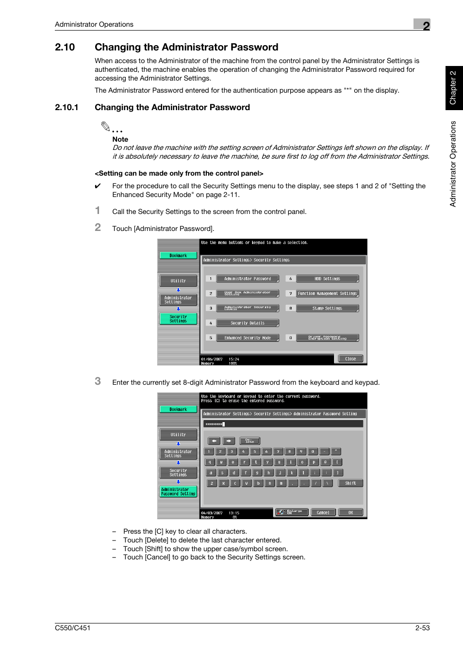 10 changing the administrator password, 1 changing the administrator password, Setting can be made only from the control panel | Changing the administrator password -53 | Konica Minolta bizhub C451 User Manual | Page 68 / 192