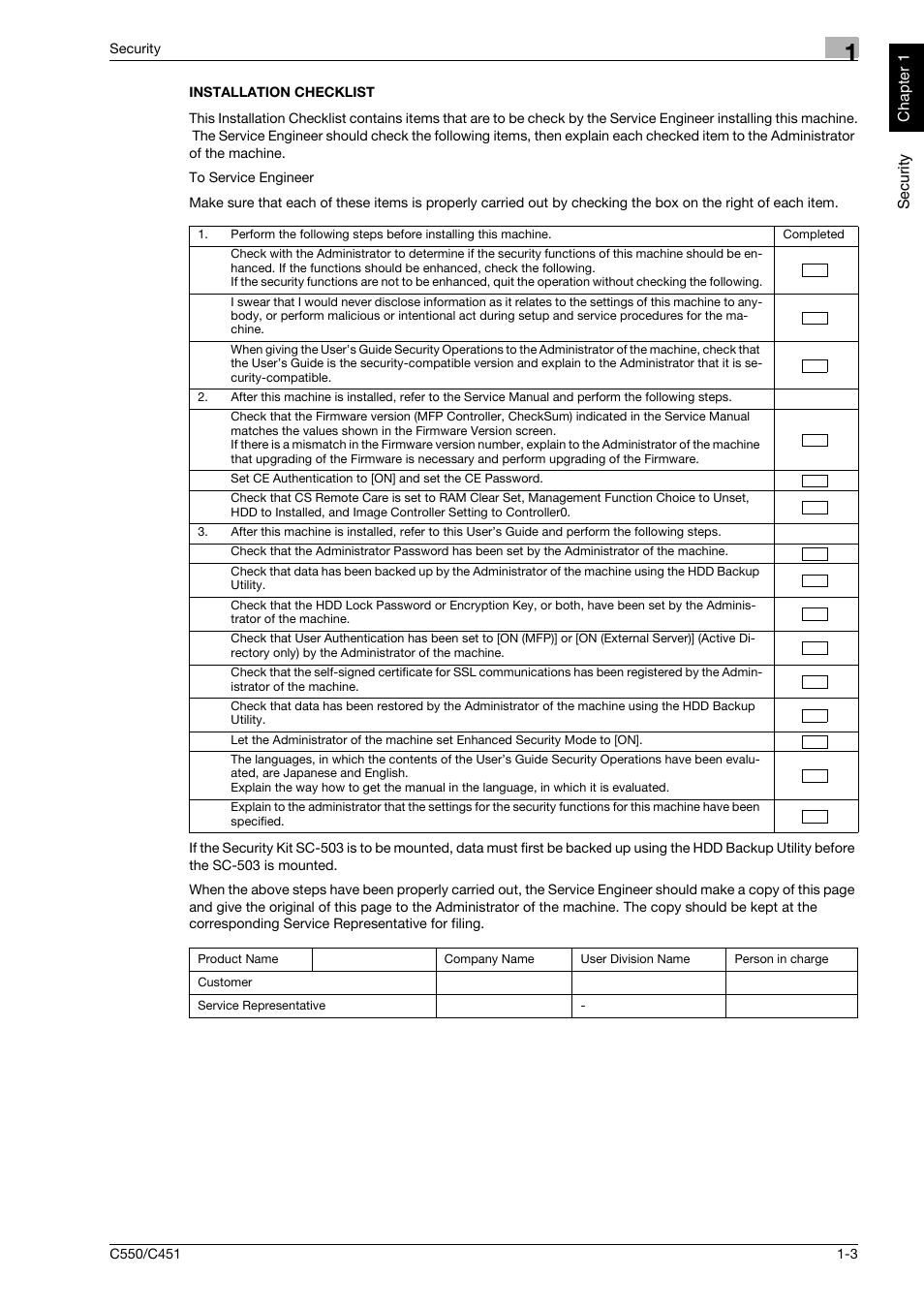 Installation checklist, Installation checklist -3 | Konica Minolta bizhub C451 User Manual | Page 8 / 192