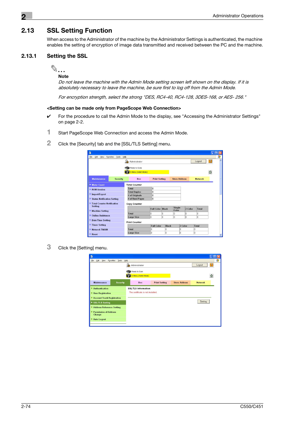 13 ssl setting function, 1 setting the ssl, Ssl setting function -74 | Konica Minolta bizhub C451 User Manual | Page 89 / 192