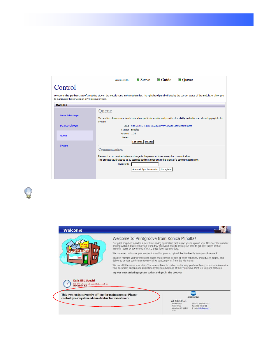 Printgroove ::admin, 3 control > queue | Konica Minolta Printgroove User Manual | Page 11 / 54