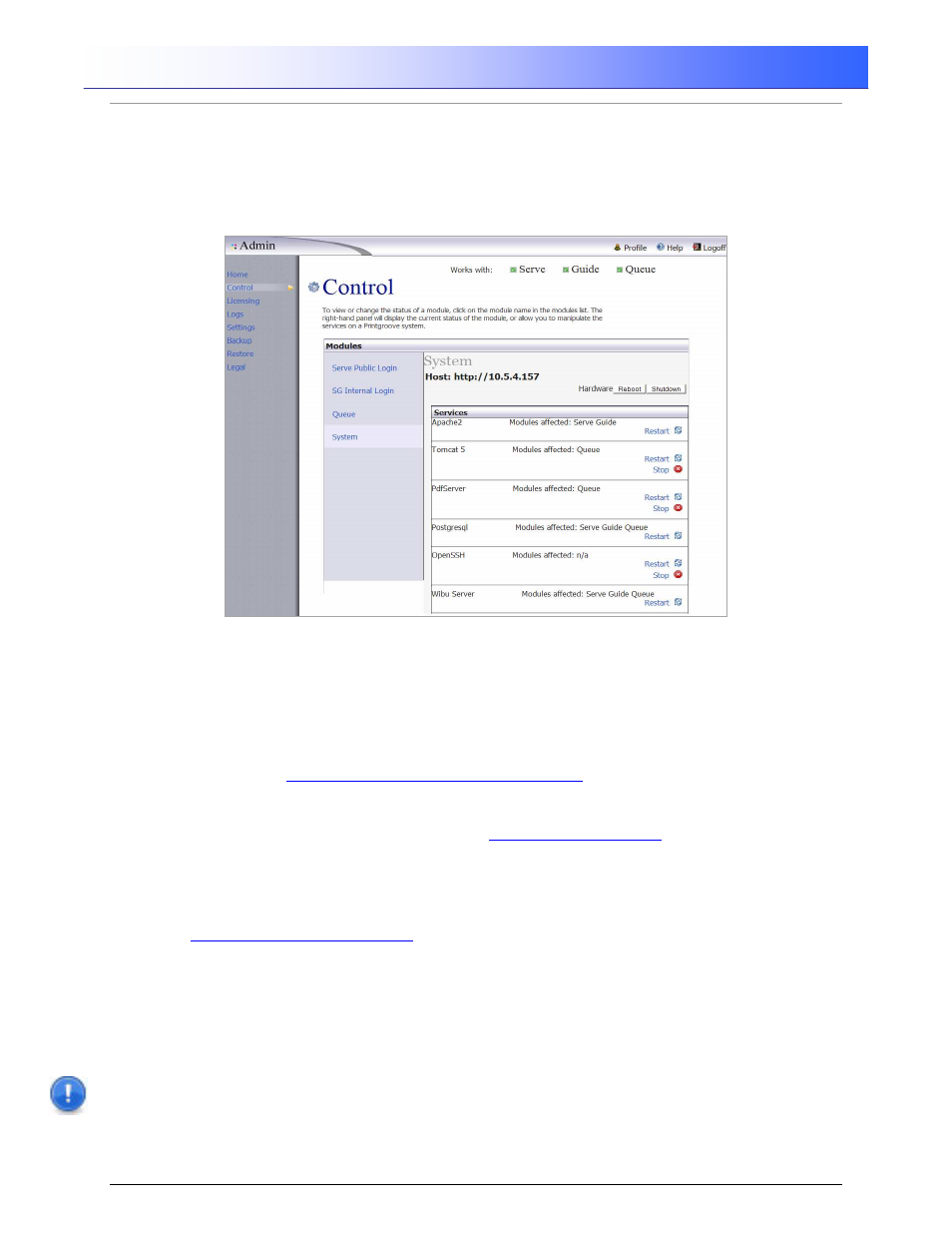 Printgroove ::admin, 4 control > system | Konica Minolta Printgroove User Manual | Page 13 / 54