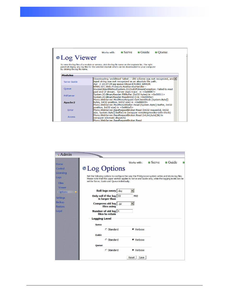 Printgroove ::admin, 2 logs: viewer, 3 logs: options | Konica Minolta Printgroove User Manual | Page 22 / 54