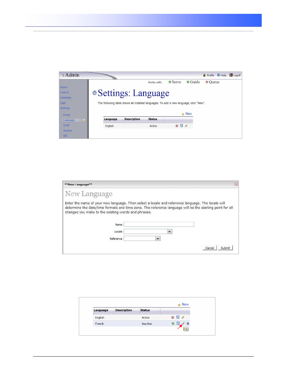 Printgroove ::admin, 2 settings: language | Konica Minolta Printgroove User Manual | Page 25 / 54