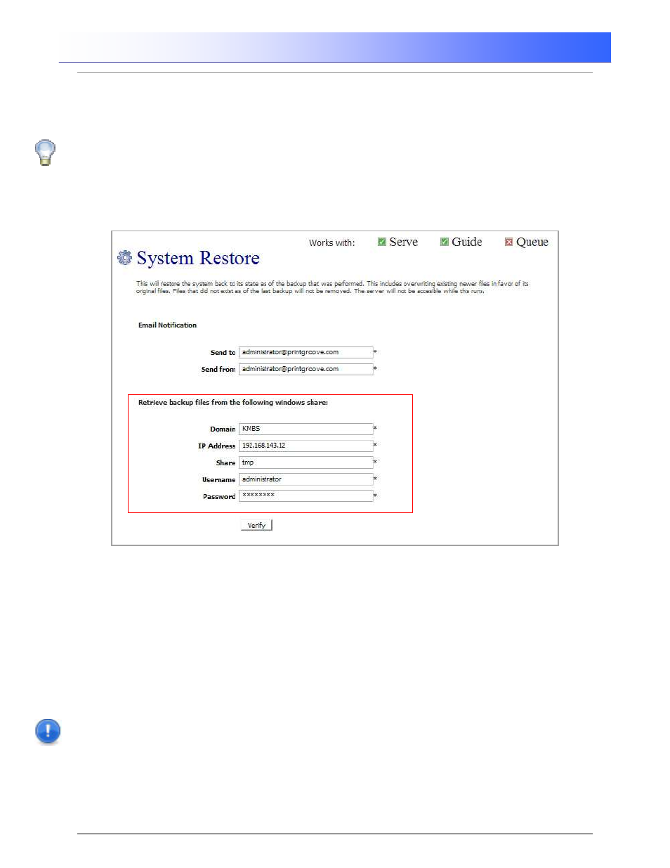 Printgroove ::admin, 8 restore | Konica Minolta Printgroove User Manual | Page 41 / 54