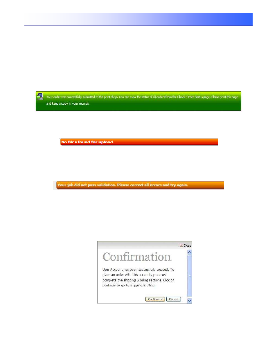 Printgroove ::admin appendix, 0 troubleshooting, 1 success | 2 error, 3 warning, 4 pop-up windows | Konica Minolta Printgroove User Manual | Page 49 / 54