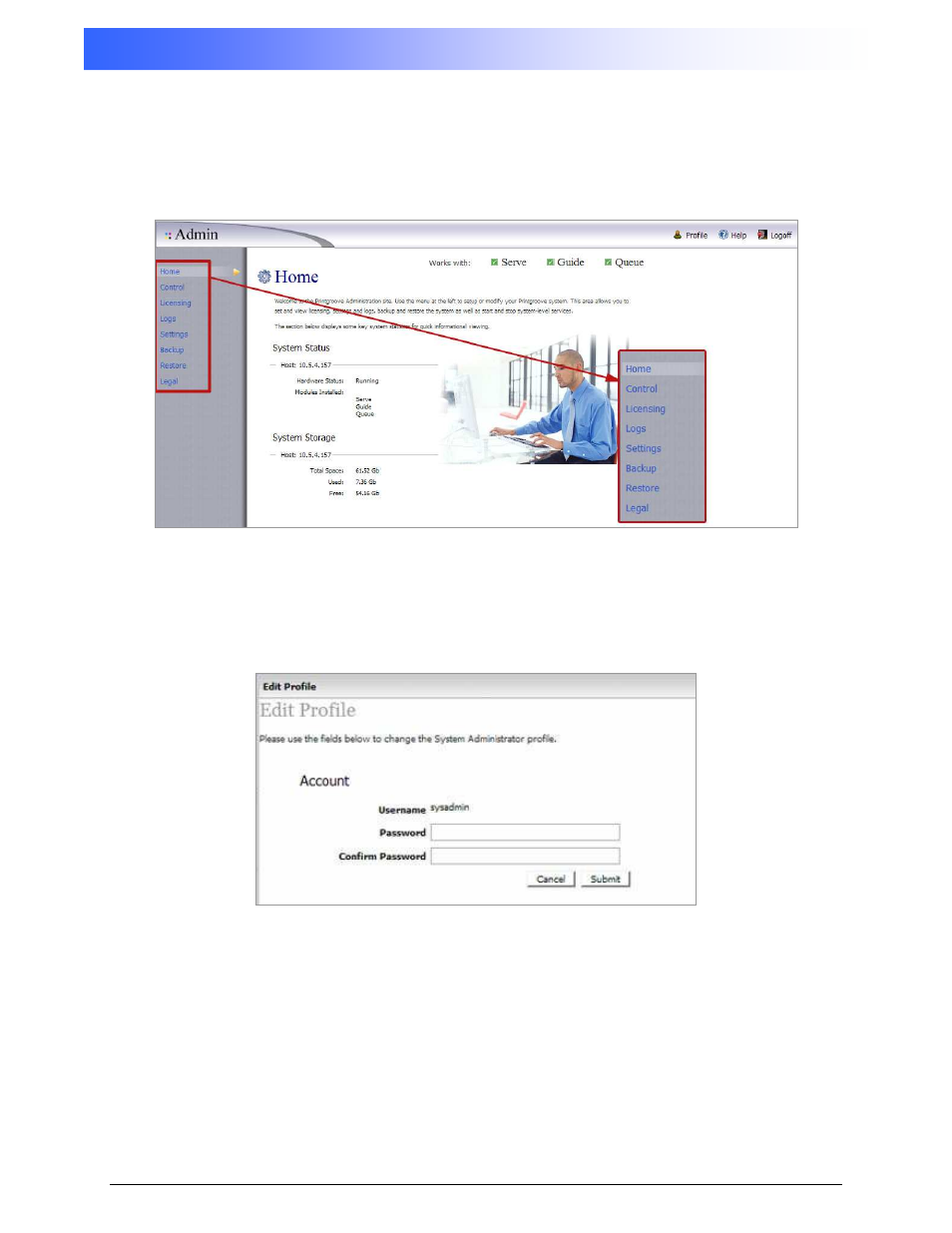 Printgroove ::admin, 1 admin home page, 2 profile | Konica Minolta Printgroove User Manual | Page 6 / 54