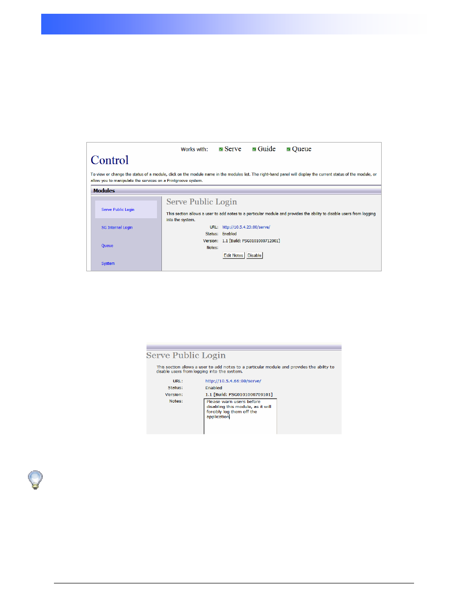 Printgroove ::admin, 3 control, 1 control > serve public login | Konica Minolta Printgroove User Manual | Page 8 / 54