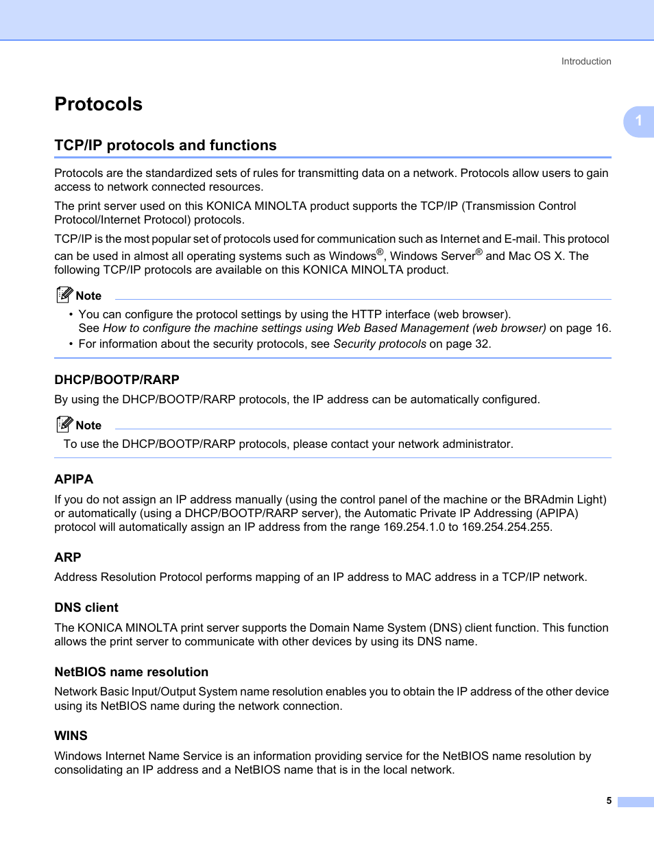 Protocols, Tcp/ip protocols and functions, Dhcp/bootp/rarp | Apipa, Dns client, Netbios name resolution, Wins, Windows server | Konica Minolta bizhub 20P User Manual | Page 11 / 81