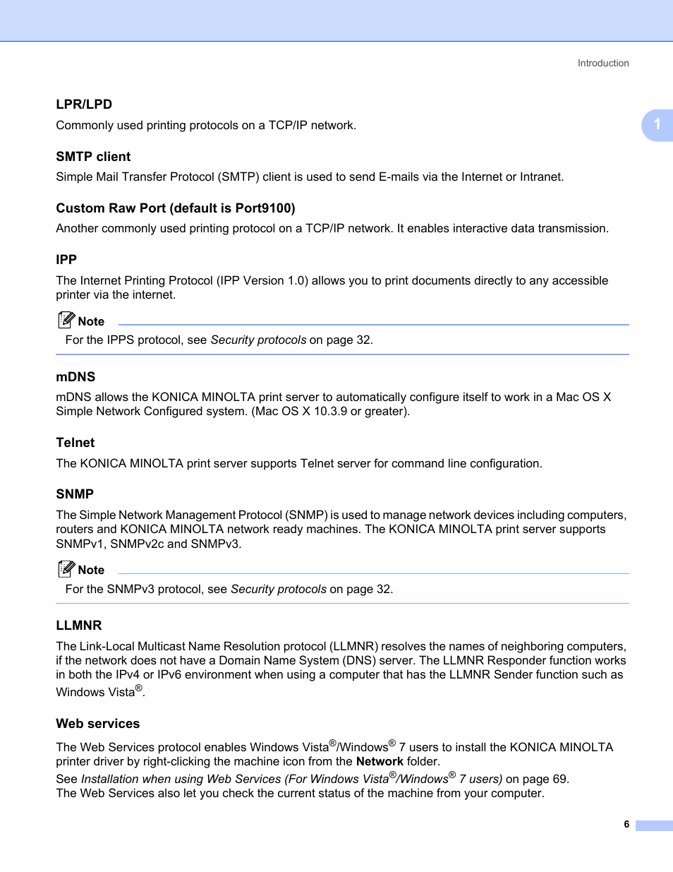 Lpr/lpd, Smtp client, Custom raw port (default is port9100) | Mdns, Telnet, Snmp, Llmnr, Web services, The web services protocol enables windows vista, Windows | Konica Minolta bizhub 20P User Manual | Page 12 / 81