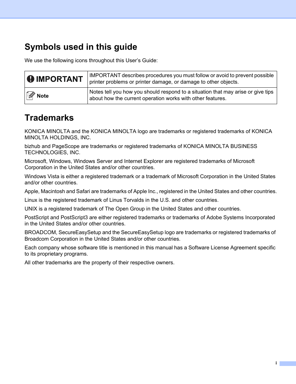 Symbols used in this guide, Trademarks | Konica Minolta bizhub 20P User Manual | Page 2 / 81