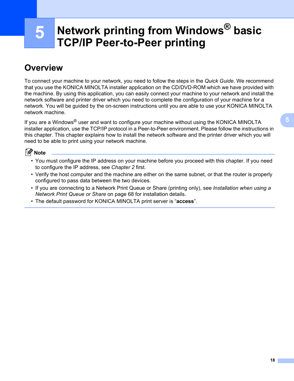 Overview, Network printing from windows, Basic tcp/ip peer-to-peer printing | Konica Minolta bizhub 20P User Manual | Page 24 / 81