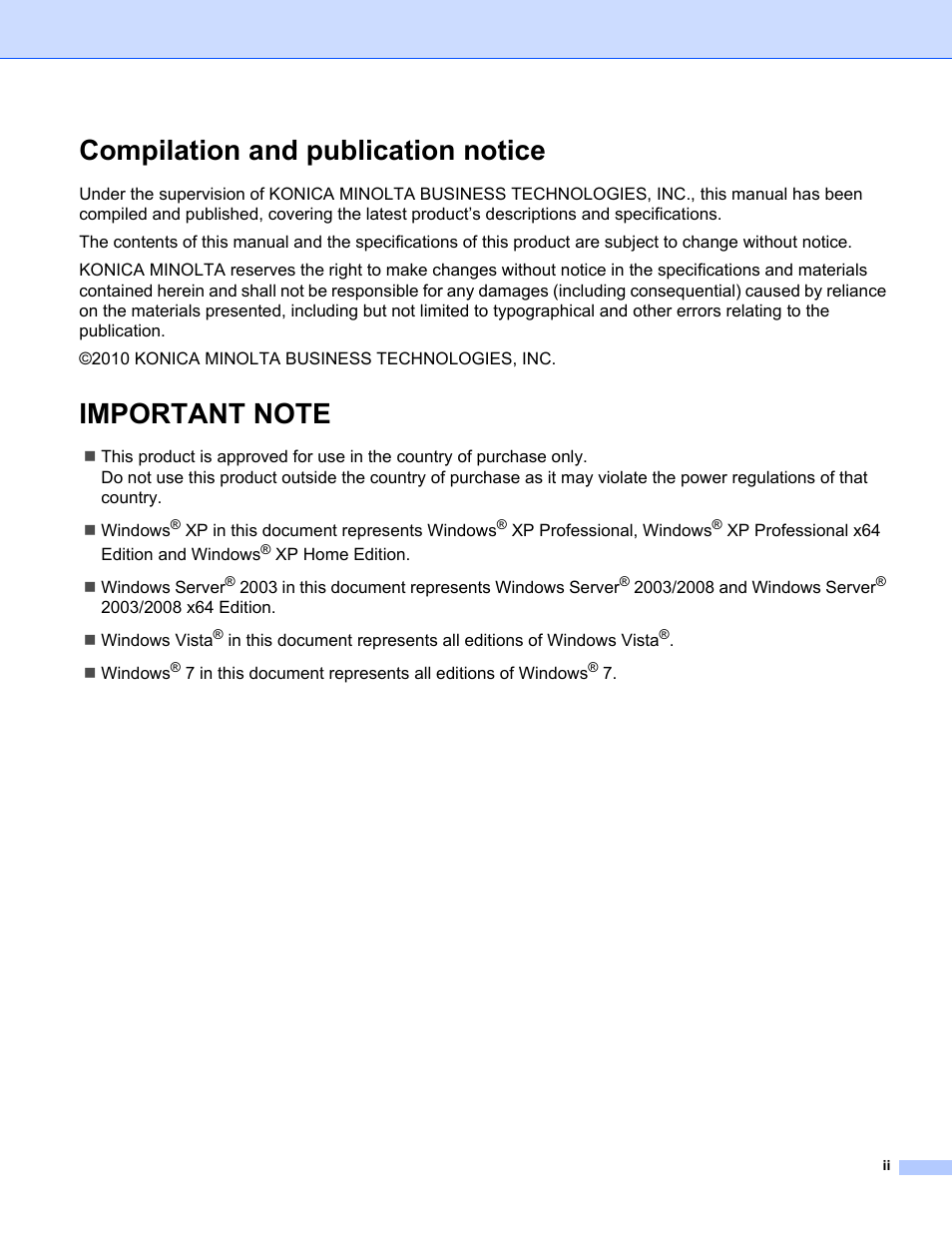 Compilation and publication notice, Important note | Konica Minolta bizhub 20P User Manual | Page 3 / 81