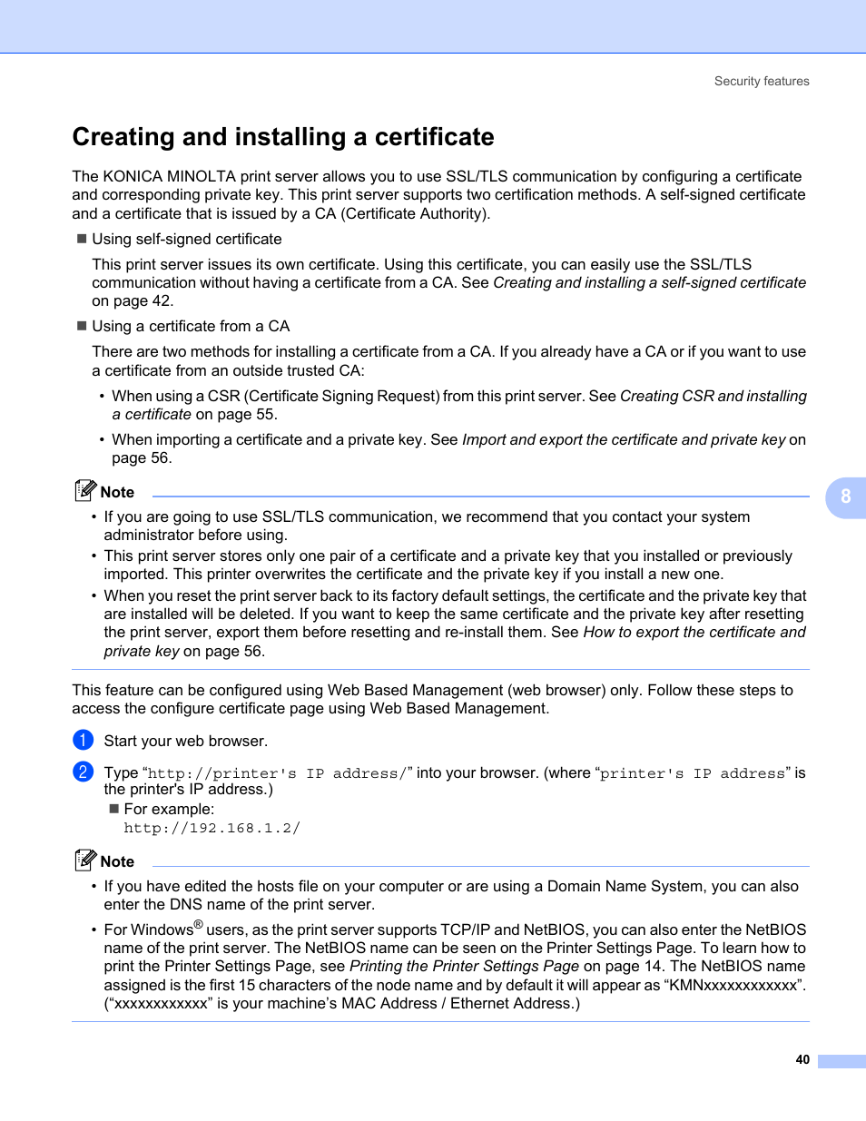 Creating and installing a certificate | Konica Minolta bizhub 20P User Manual | Page 46 / 81