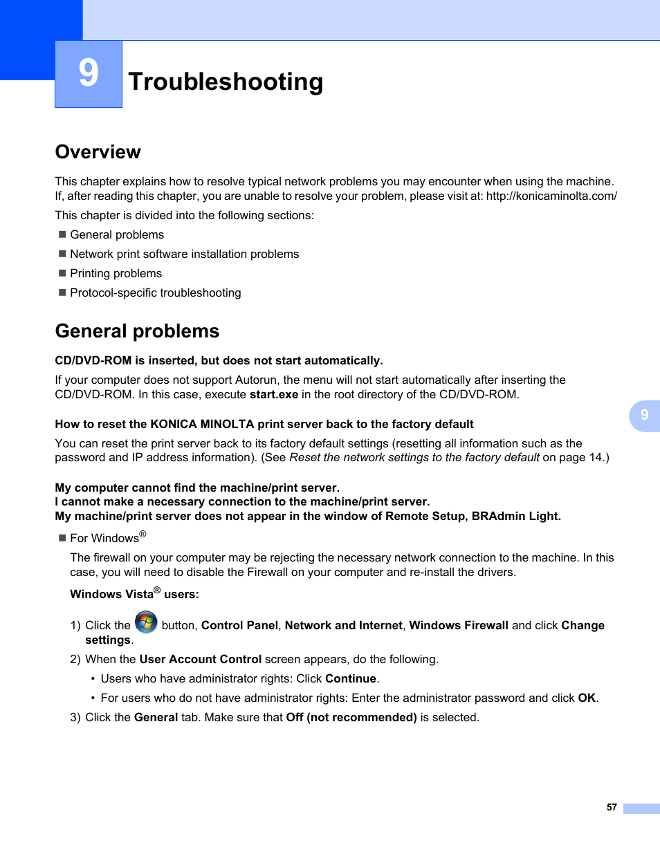 9 troubleshooting, Overview, General problems | Troubleshooting, Overview general problems | Konica Minolta bizhub 20P User Manual | Page 63 / 81