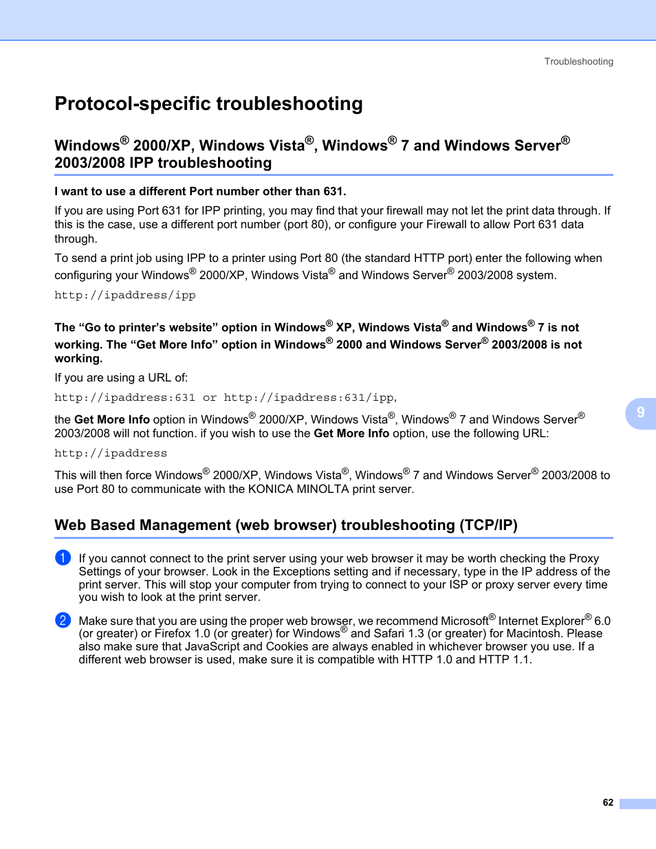 Protocol-specific troubleshooting, Windows, 2000/xp, windows vista | 7 and windows server, Ipp troubleshooting, To windows | Konica Minolta bizhub 20P User Manual | Page 68 / 81