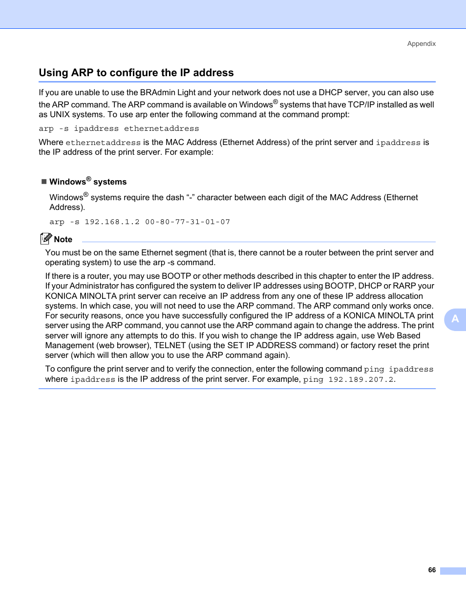 Using arp to configure the ip address, Ausing arp to configure the ip address | Konica Minolta bizhub 20P User Manual | Page 72 / 81