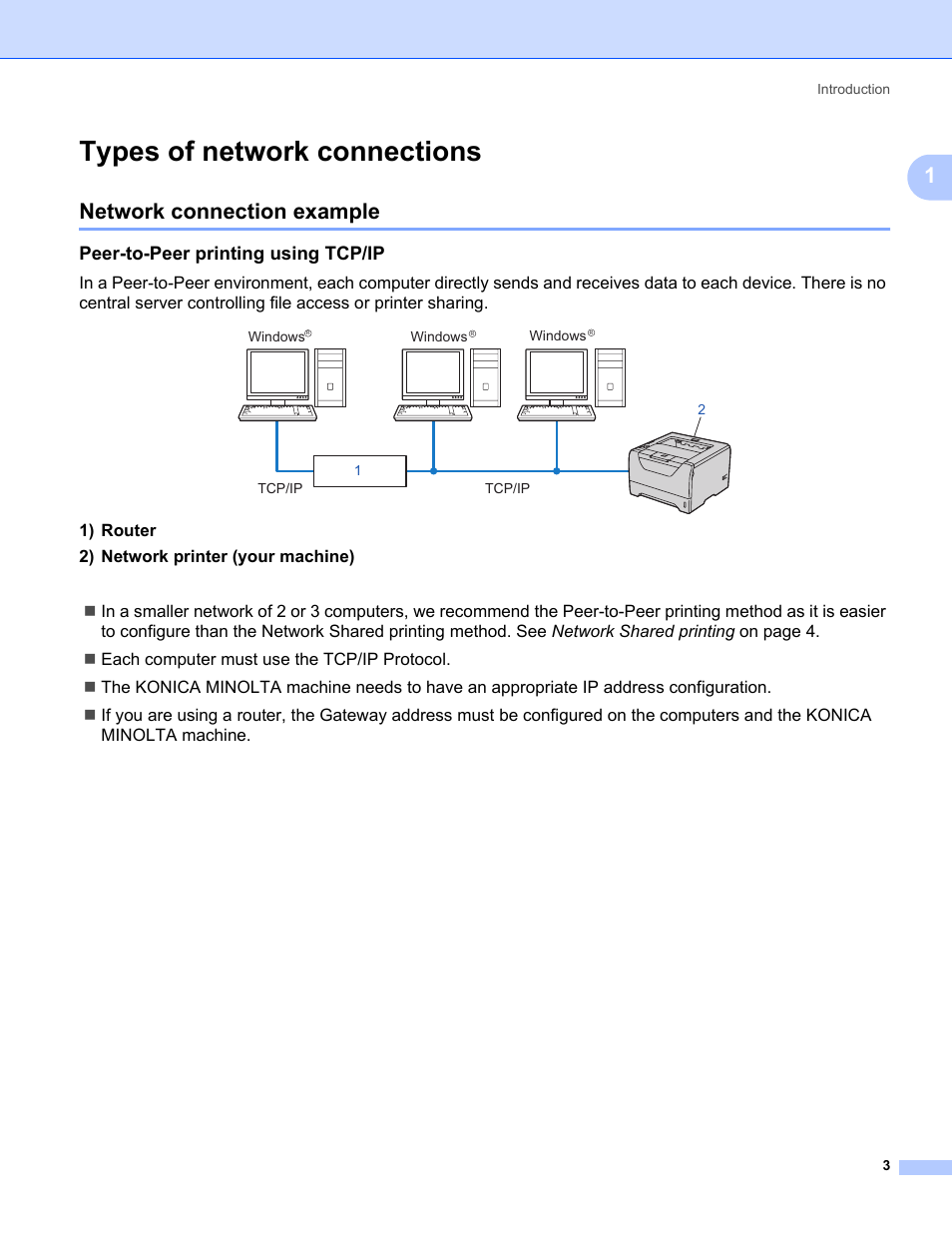 Types of network connections, Network connection example, Peer-to-peer printing using tcp/ip | Konica Minolta bizhub 20P User Manual | Page 9 / 81