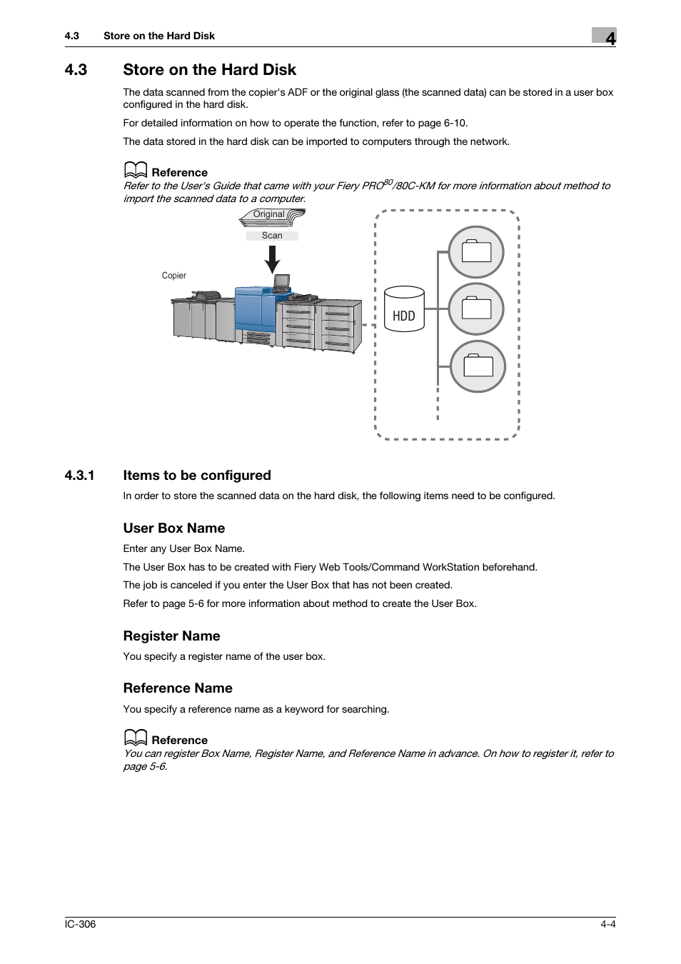 3 store on the hard disk, 1 items to be configured, User box name | Register name, Reference name, Store on the hard disk -4, Items to be configured -4, P. 4-4, Store on the hard disk (p. 4-4 | Konica Minolta bizhub PRESS C8000 User Manual | Page 29 / 101