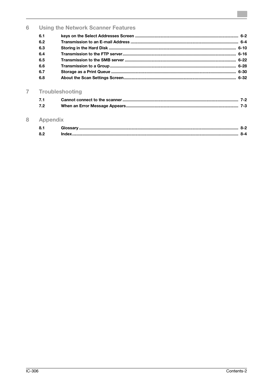 6using the network scanner features, 7troubleshooting, 8appendix | Konica Minolta bizhub PRESS C8000 User Manual | Page 3 / 101