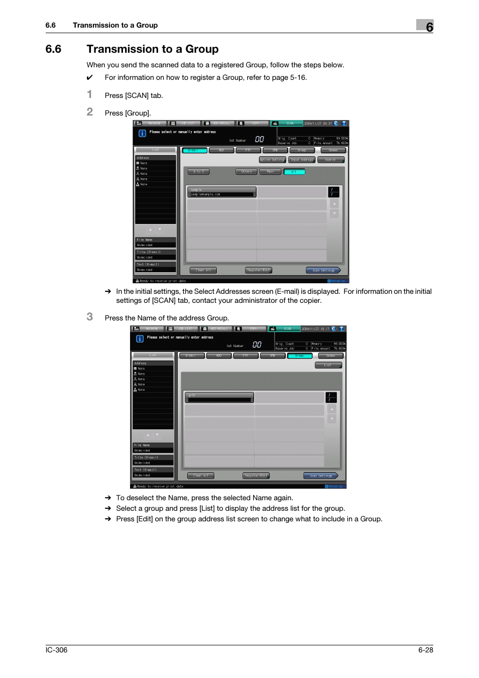 6 transmission to a group, Transmission to a group -28, Transmission to a group (p. 6-28) | Konica Minolta bizhub PRESS C8000 User Manual | Page 84 / 101