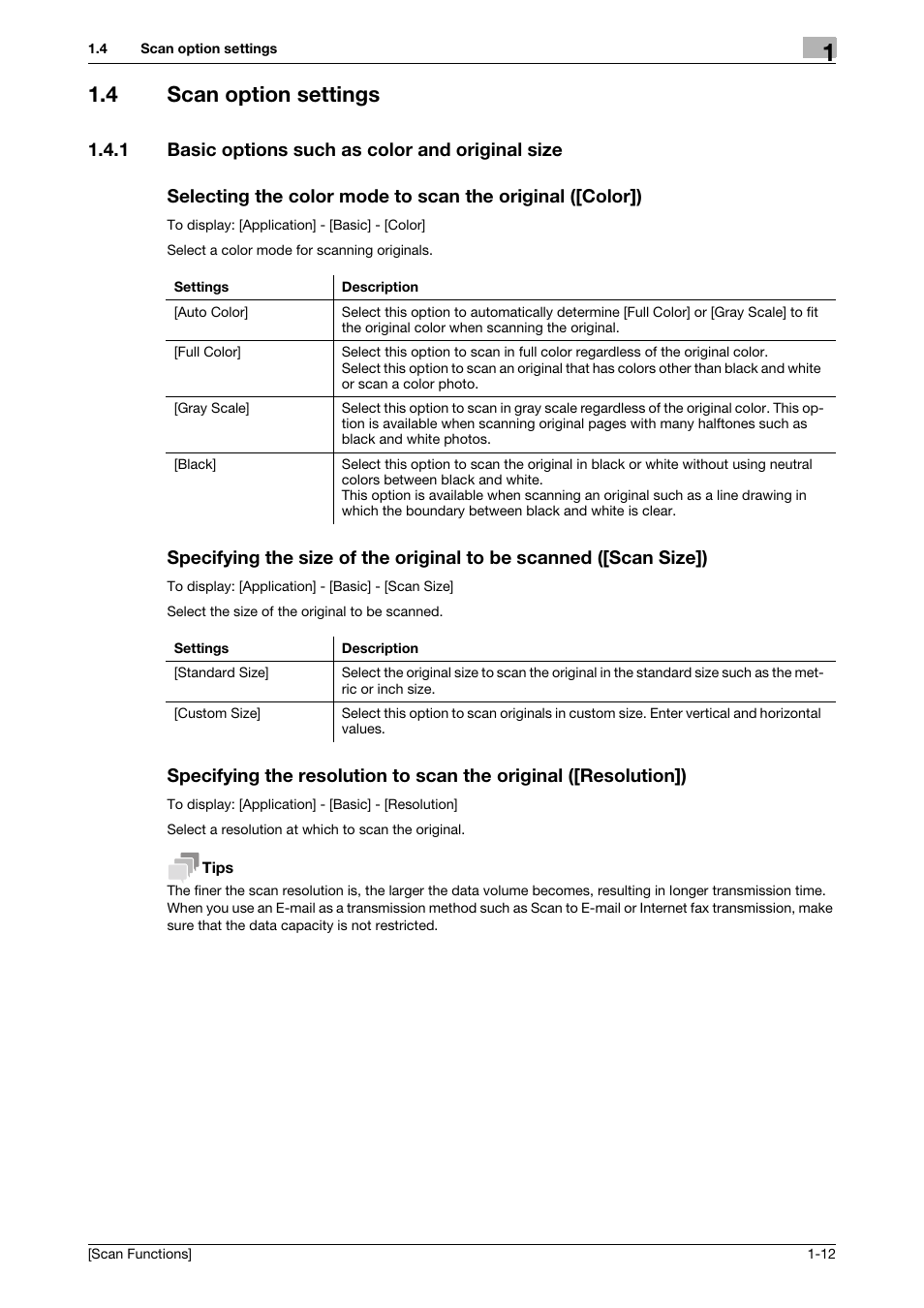 4 scan option settings, 1 basic options such as color and original size, Scan option settings -12 | Konica Minolta bizhub C3850 User Manual | Page 17 / 105