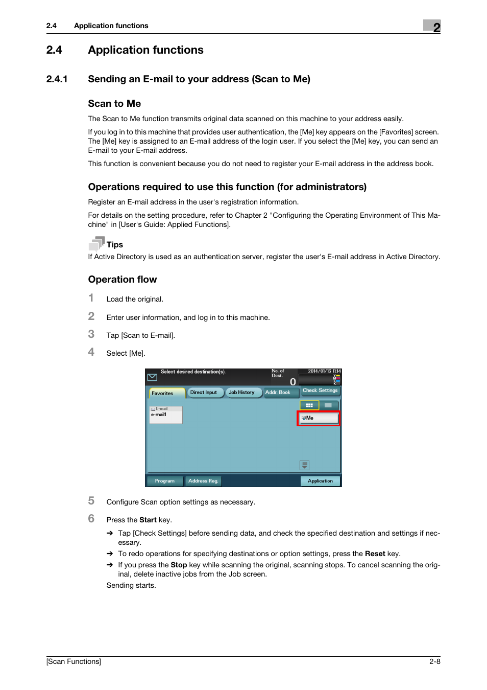 4 application functions, 1 sending an e-mail to your address (scan to me), Scan to me | Operation flow, Application functions -8 | Konica Minolta bizhub C3850 User Manual | Page 30 / 105