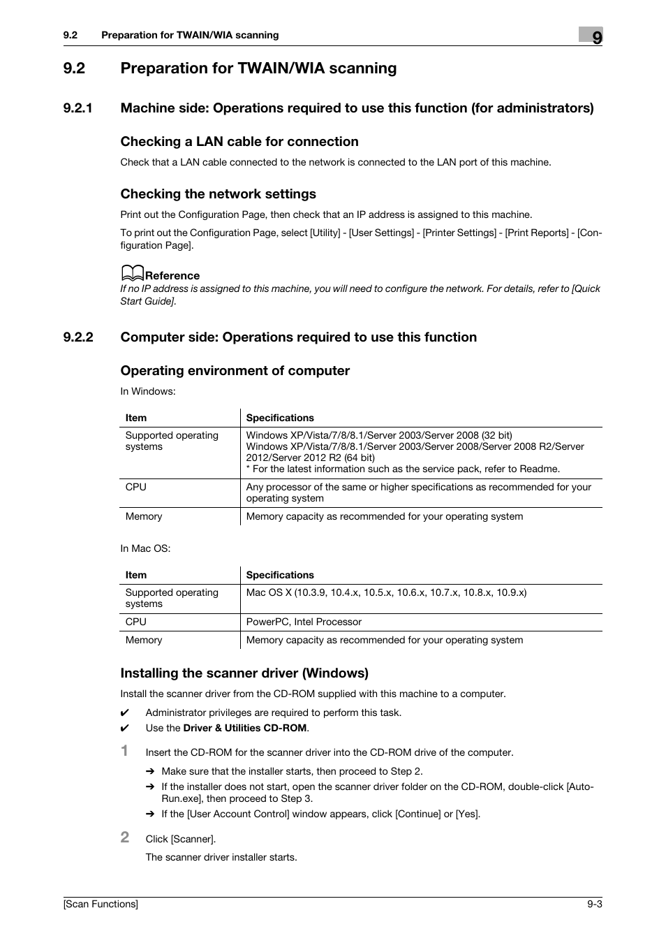 2 preparation for twain/wia scanning, Checking a lan cable for connection, Checking the network settings | Operating environment of computer, Installing the scanner driver (windows), Preparation for twain/wia scanning -3, Checking the network settings -3 | Konica Minolta bizhub C3850 User Manual | Page 90 / 105