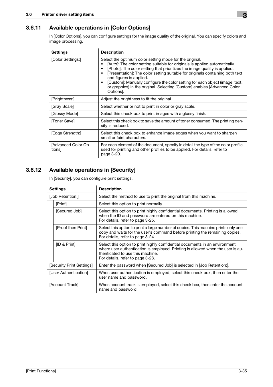 11 available operations in [color options, 12 available operations in [security, Available operations in [color options] -35 | Available operations in [security] -35 | Konica Minolta bizhub C3350 User Manual | Page 109 / 119