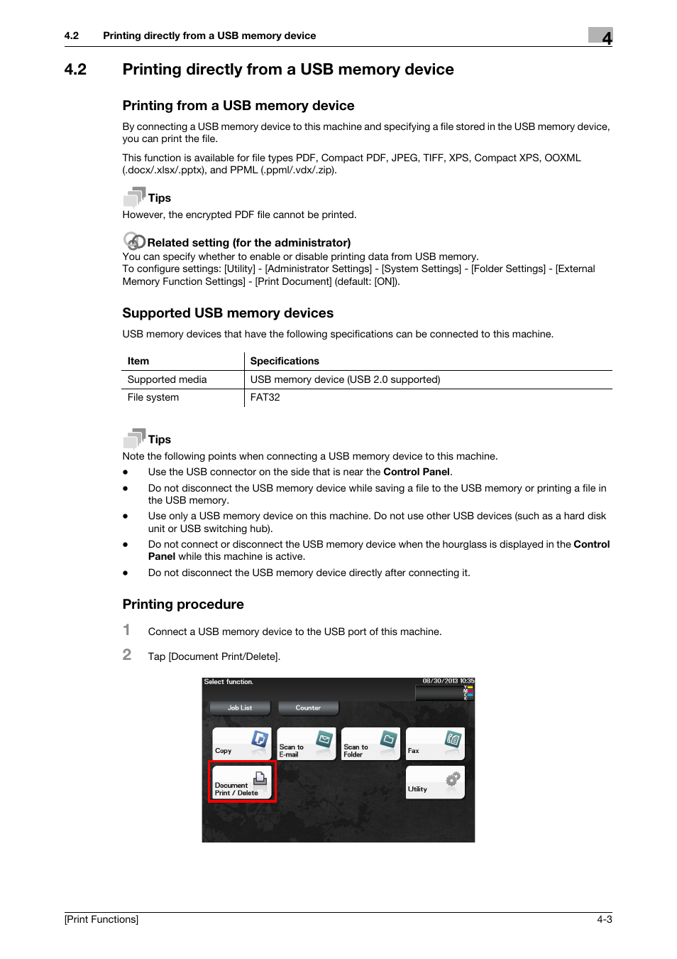 2 printing directly from a usb memory device, Printing from a usb memory device, Supported usb memory devices | Printing procedure | Konica Minolta bizhub C3350 User Manual | Page 114 / 119