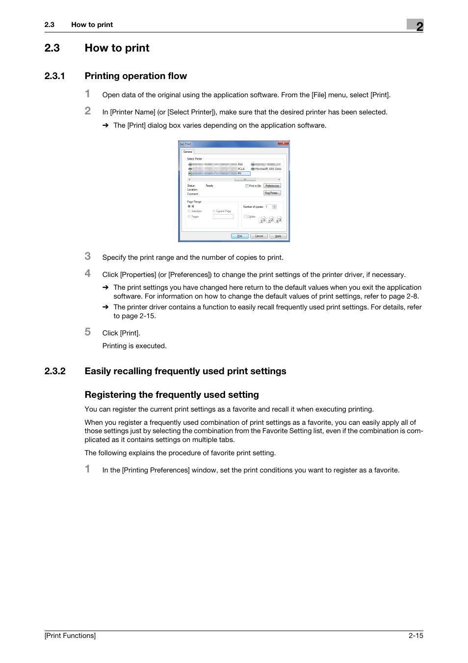 3 how to print, 1 printing operation flow, 2 easily recalling frequently used print settings | Registering the frequently used setting, How to print -15, Printing operation flow -15 | Konica Minolta bizhub C3350 User Manual | Page 25 / 119