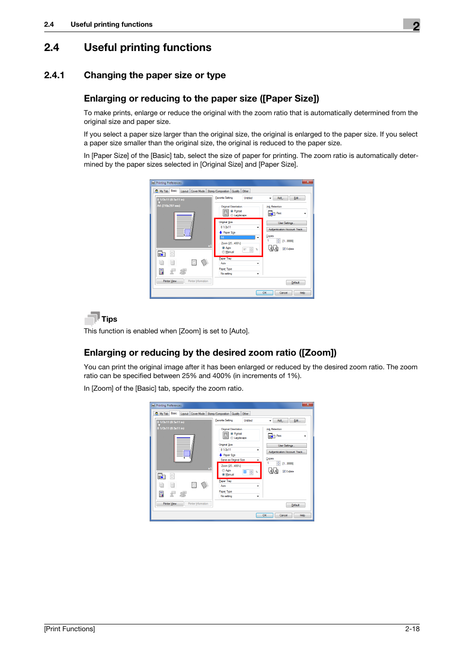 4 useful printing functions, 1 changing the paper size or type, Useful printing functions -18 | Konica Minolta bizhub C3350 User Manual | Page 28 / 119